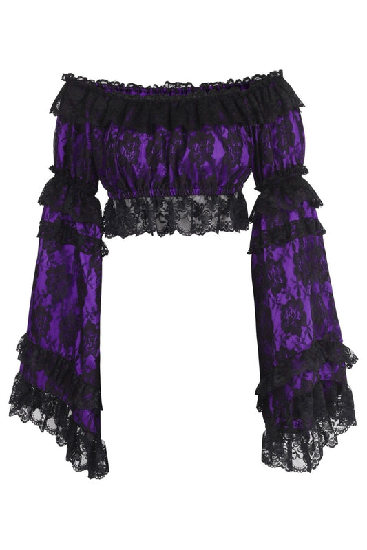 Daisy Corsets Purple/Black Lace Smocked Flare Sleeve Peasant Top