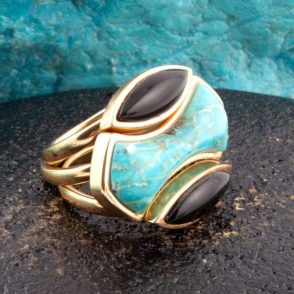 Puzzle Blue Turquoise and Black Onyx Golden Ring Set - Barse Jewelry - Flyclothing LLC