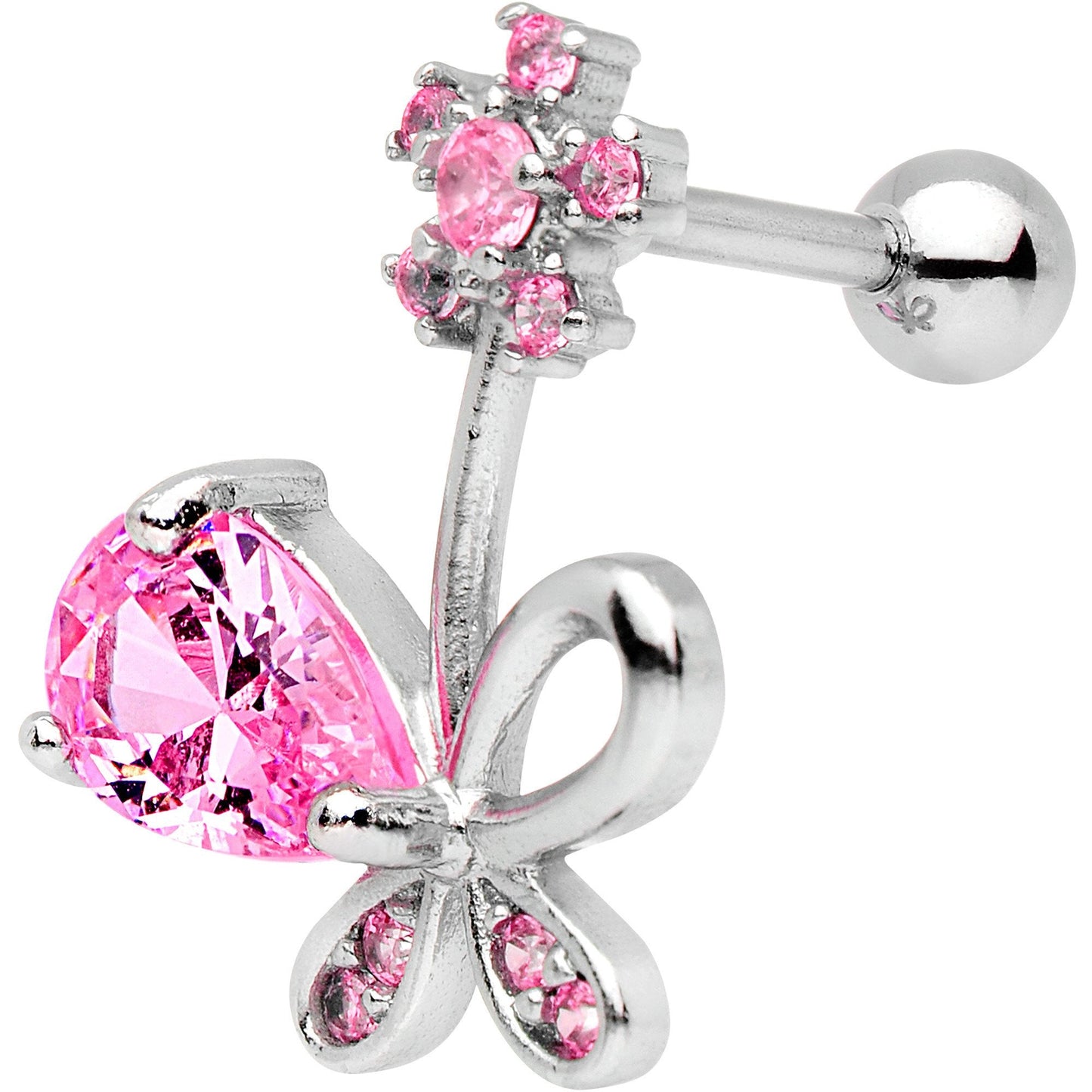 Pink CZ Gem Glamour Bow Left Cartilage Tragus Earring - BodyCandy - Flyclothing LLC