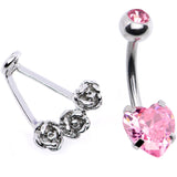 Pink CZ Gem Heart Kissed Rose Flower Dangle Belly Ring - BodyCandy - Flyclothing LLC