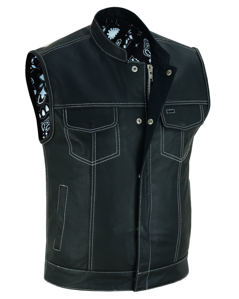 DS164 Men's Paisley Black Leather Motorcycle Vest with White Stitchin