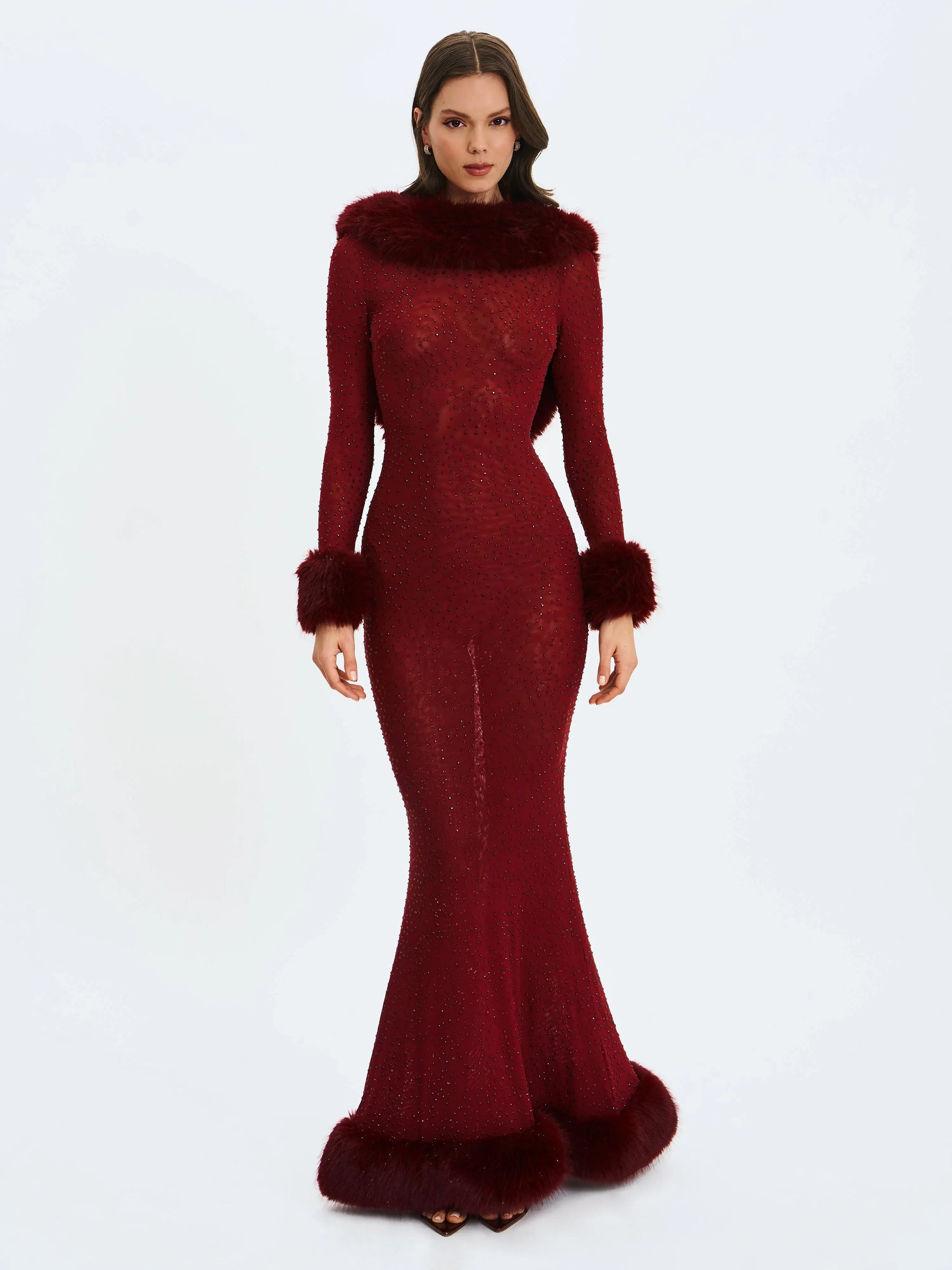 Mellie Burgundy Regular-Length Rhinestone Mesh Low Back Mermaid Gown - Miss Circle - Flyclothing LLC