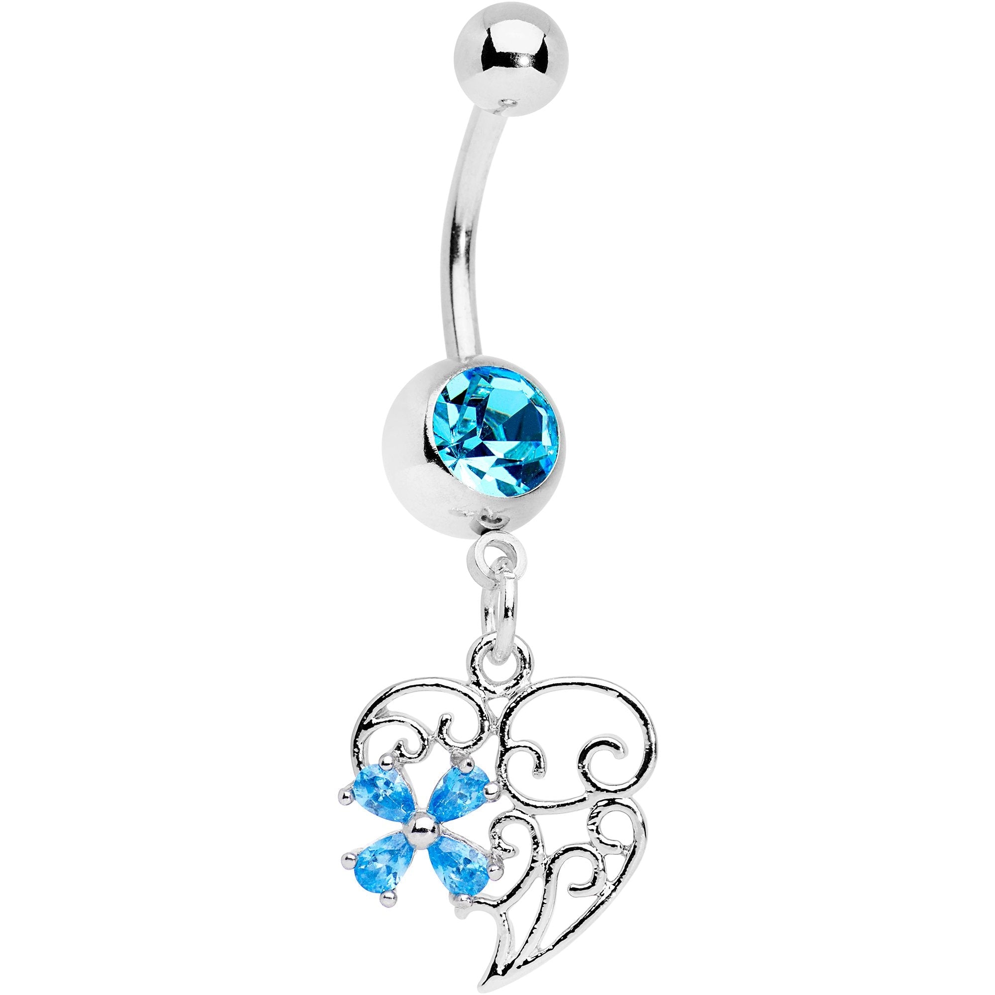 Aqua Gem Filigree Heart Flower Dangle Belly Ring - BodyCandy - Flyclothing LLC