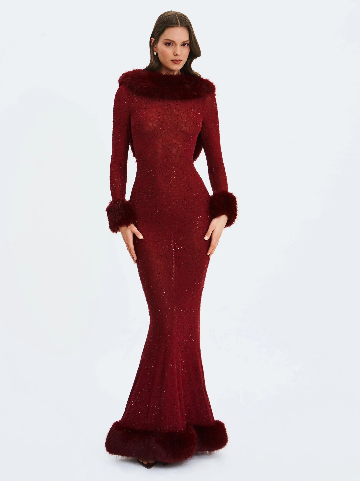 Mellie Burgundy Regular-Length Rhinestone Mesh Low Back Mermaid Gown - Miss Circle - Flyclothing LLC