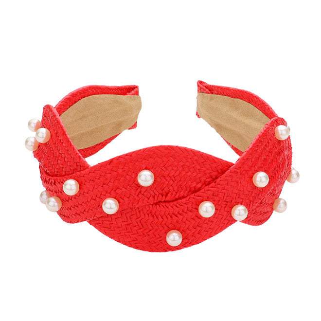 Pearl Embellished Braided Straw Headband - Madeline Love - Flyclothing LLC