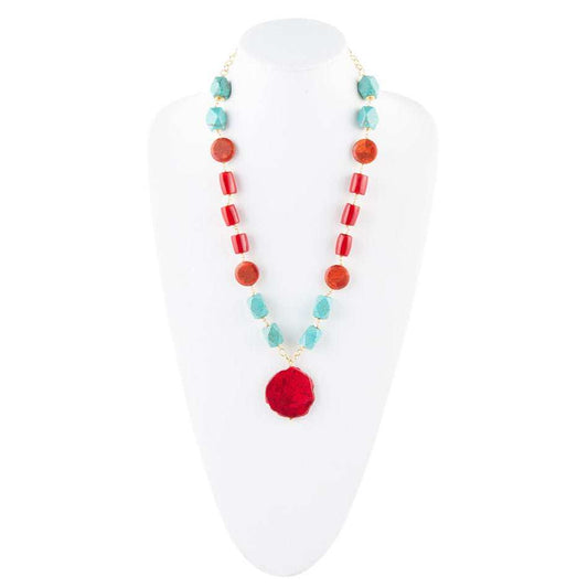 Red River Turquoise and Coral Rosary Pendant Necklace - Barse Jewelry - Flyclothing LLC