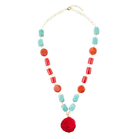 Red River Turquoise and Coral Rosary Pendant Necklace - Barse Jewelry - Flyclothing LLC