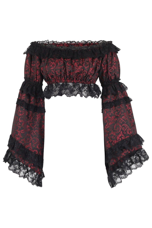 Daisy Corsets Red/Black Brocade Smocked Flare Sleeve Peasant Top