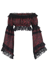 Daisy Corsets Red/Black Brocade Smocked Flare Sleeve Peasant Top