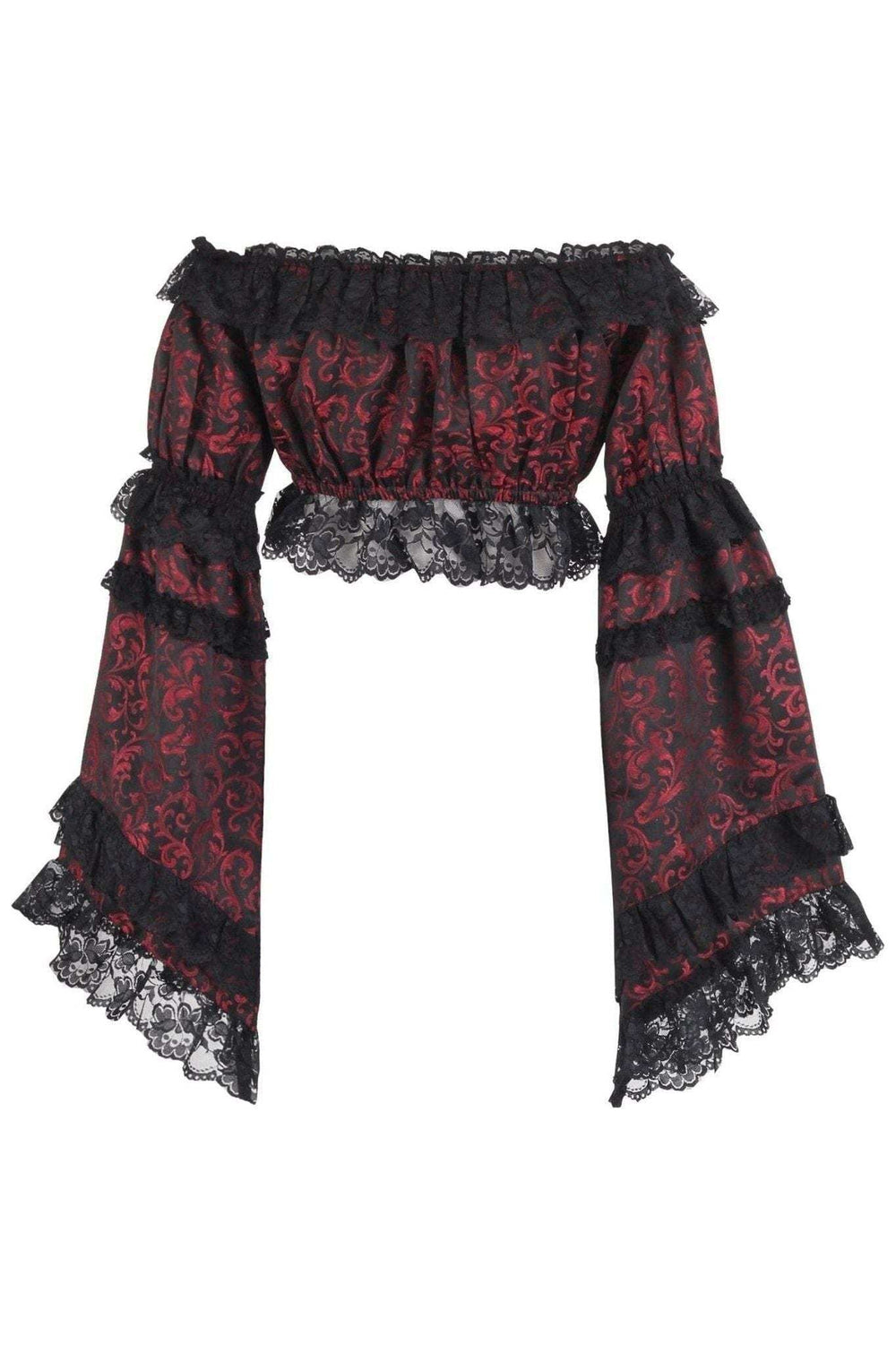 Daisy Corsets Red/Black Brocade Smocked Flare Sleeve Peasant Top - Daisy Corsets - Flyclothing LLC