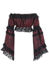 Daisy Corsets Red/Black Brocade Smocked Flare Sleeve Peasant Top