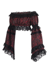 Daisy Corsets Red/Black Brocade Smocked Flare Sleeve Peasant Top