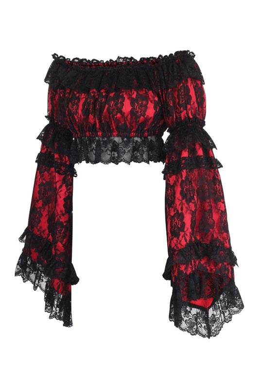 Daisy Corsets Red/Black Lace Smocked Flare Sleeve Peasant Top