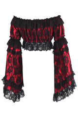 Daisy Corsets Red/Black Lace Smocked Flare Sleeve Peasant Top