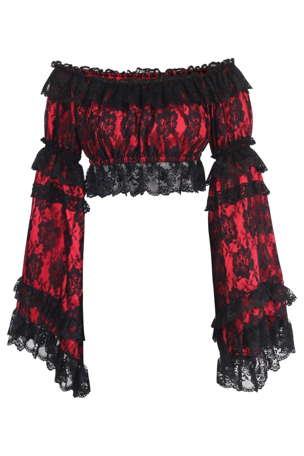 Daisy Corsets Red/Black Lace Smocked Flare Sleeve Peasant Top