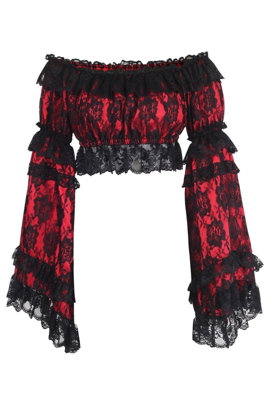 Daisy Corsets Red/Black Lace Smocked Flare Sleeve Peasant Top
