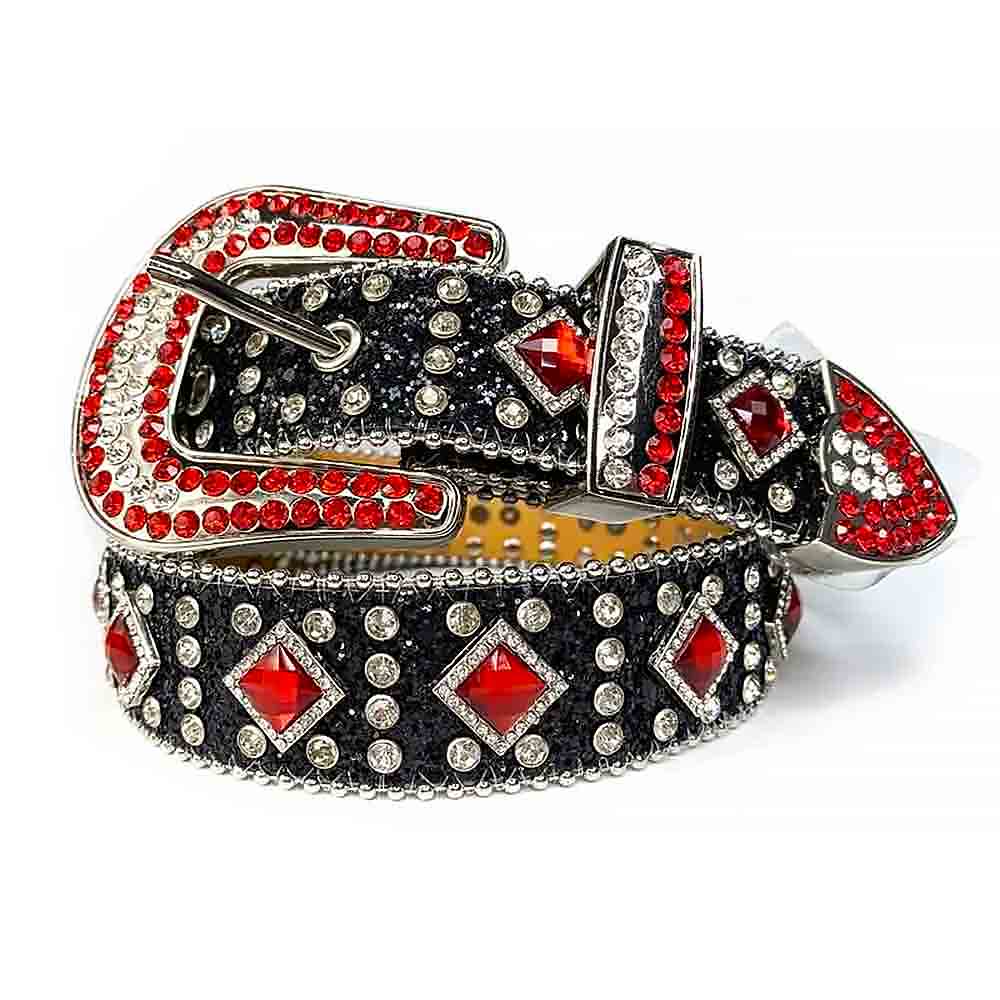 Black Strap With Big Red & Transparent Studded Rhinestone Belt - Rhinestone Belt Store - Flyclothing LLC