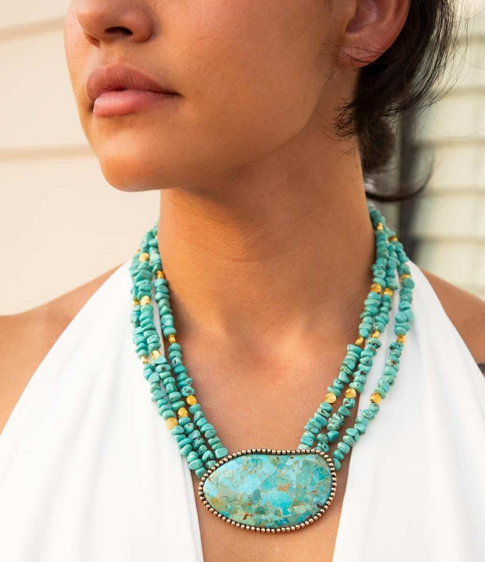 Refined Blue Turquoise Golden Statement Necklace - Barse Jewelry - Flyclothing LLC