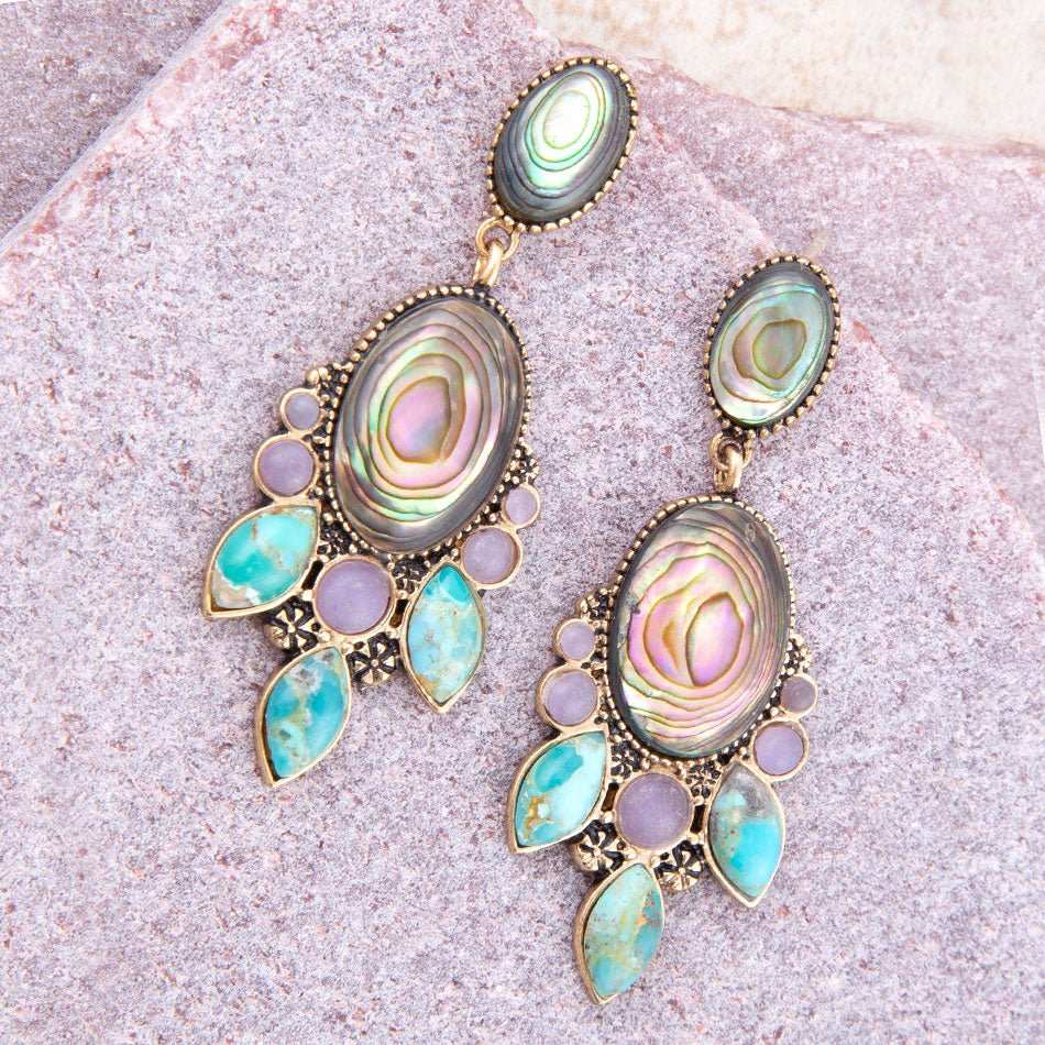 Regal Blue Abalone Mixed Stone Golden Statement Drop Earrings - Barse Jewelry - Flyclothing LLC
