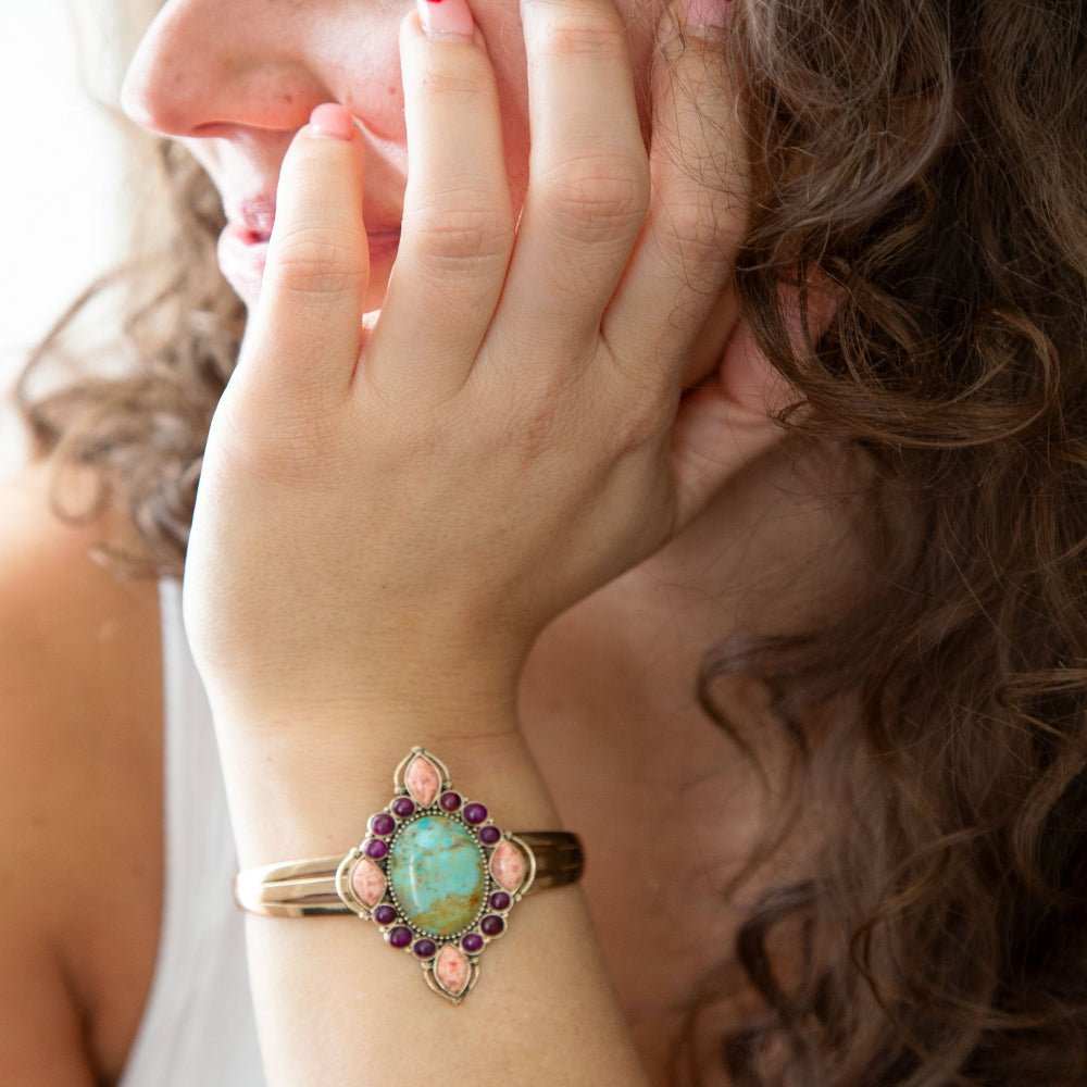 Regalia Blue Turquoise Purple and Orange Coral Golden Cuff Bracelet - Barse Jewelry - Flyclothing LLC
