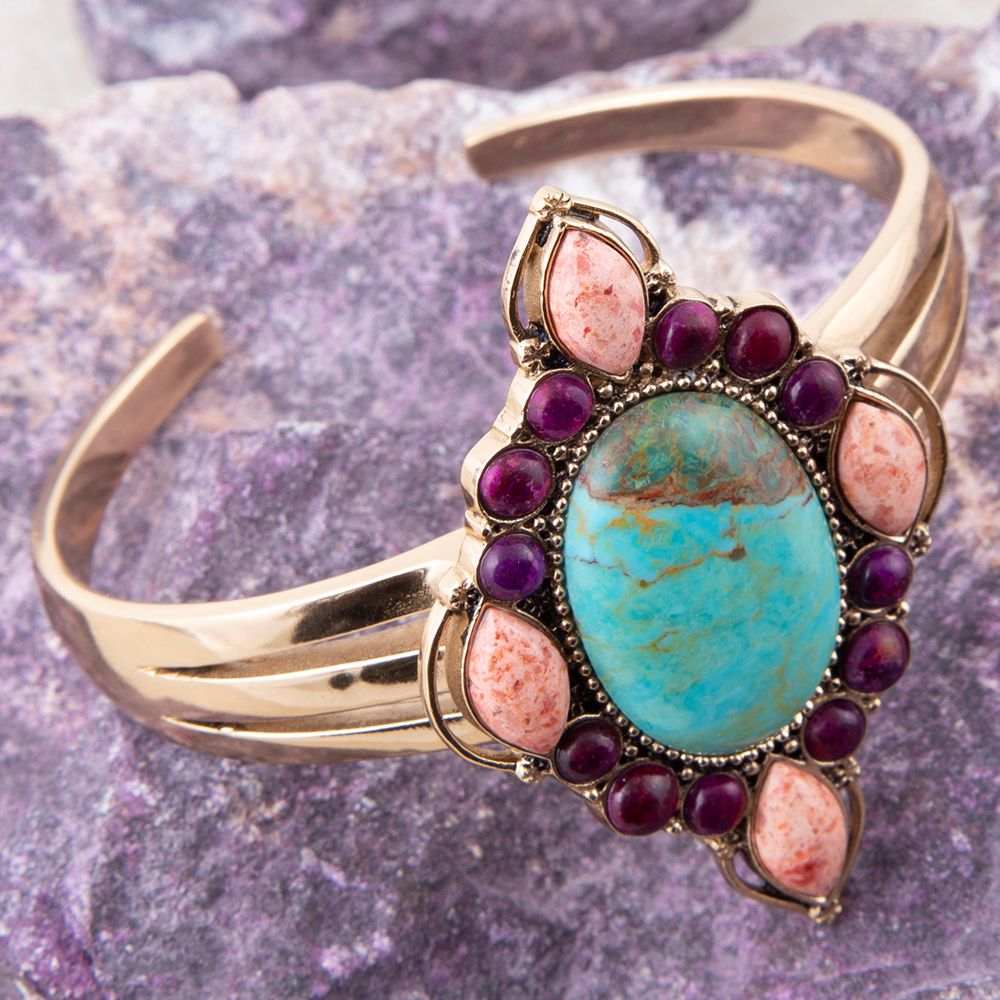Regalia Blue Turquoise Purple and Orange Coral Golden Cuff Bracelet - Barse Jewelry - Flyclothing LLC