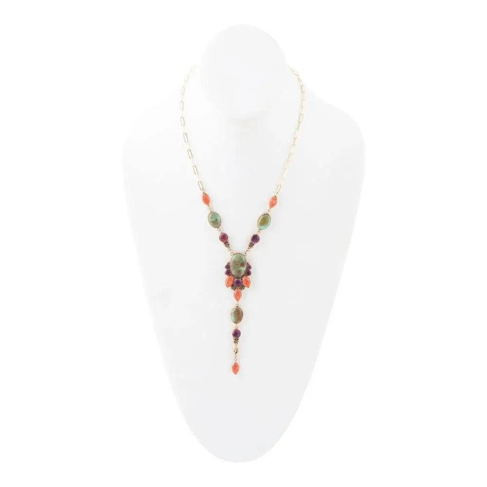 Regalia Blue Turquoise Purple and Orange Coral Golden Y Necklace - Barse Jewelry - Flyclothing LLC