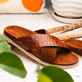 06-101-CGN RENA Italian Goatskin Suede Croc Embossed Slide Cognac - Zelli Italia - Flyclothing LLC