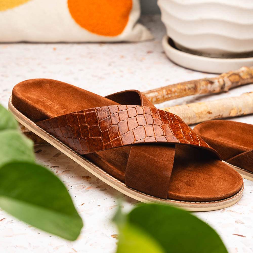 06-101-CGN RENA Italian Goatskin Suede Croc Embossed Slide Cognac - Zelli Italia - Flyclothing LLC