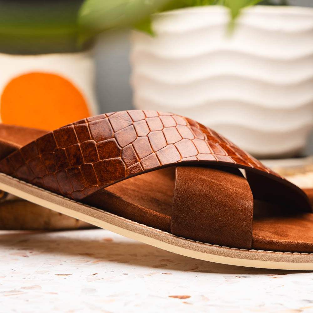 06-101-CGN RENA Italian Goatskin Suede Croc Embossed Slide Cognac - Zelli Italia - Flyclothing LLC