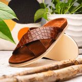 06-101-CGN RENA Italian Goatskin Suede Croc Embossed Slide Cognac - Zelli Italia - Flyclothing LLC