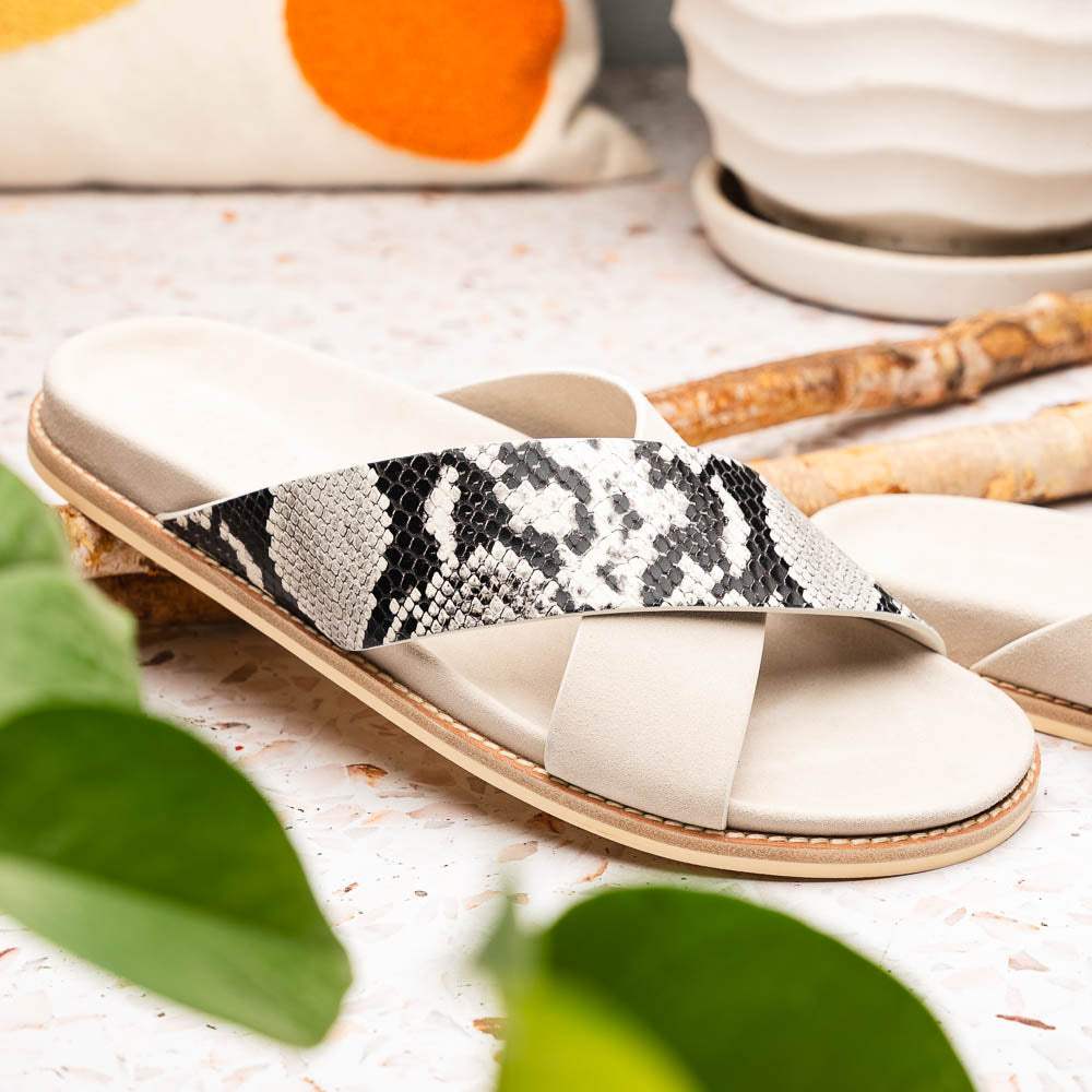 06-105-TPE RENA Italian Goatskin Suede Python Embossed Slide Taupe - Zelli Italia - Flyclothing LLC