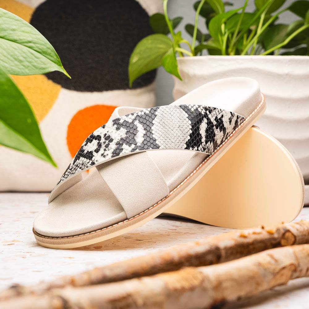 06-105-TPE RENA Italian Goatskin Suede Python Embossed Slide Taupe - Zelli Italia - Flyclothing LLC