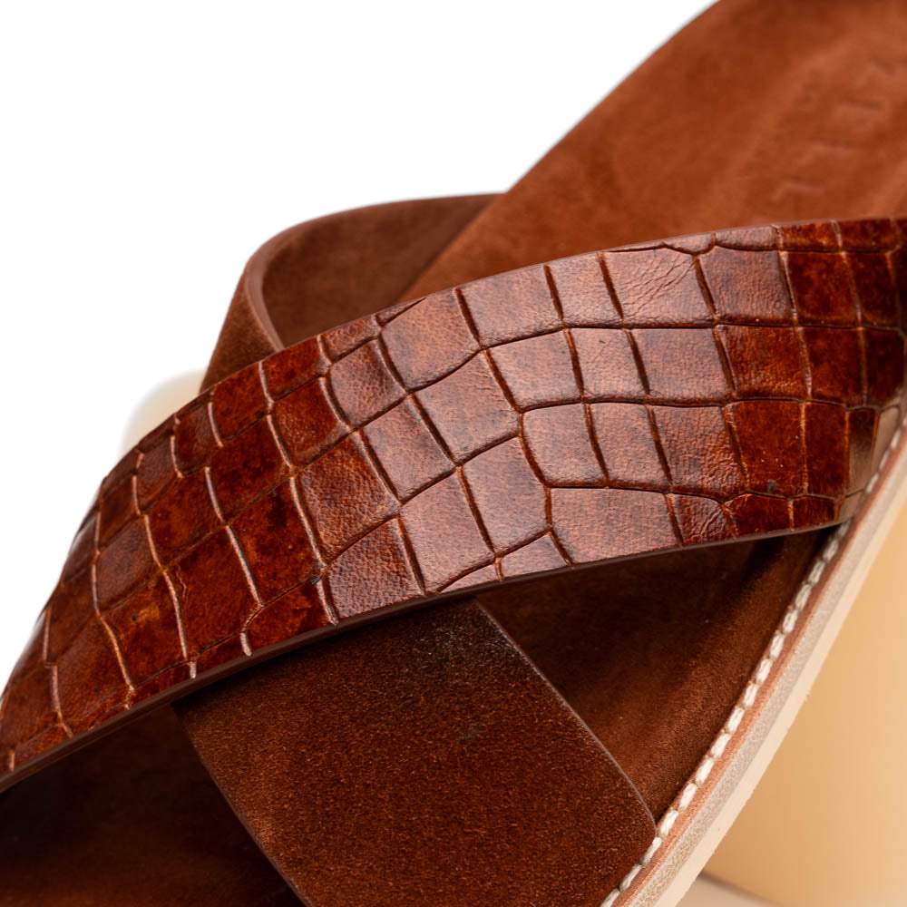 06-101-CGN RENA Italian Goatskin Suede Croc Embossed Slide Cognac - Zelli Italia - Flyclothing LLC