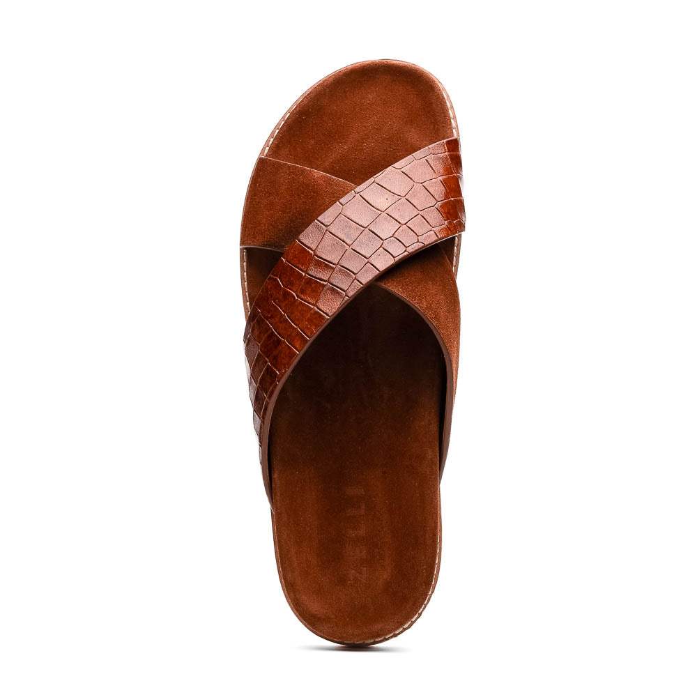 06-101-CGN RENA Italian Goatskin Suede Croc Embossed Slide Cognac - Zelli Italia - Flyclothing LLC