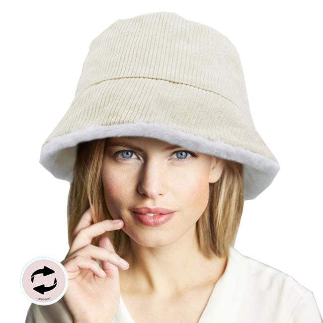Reversible Corduroy Soft Faux Fur Bucket Hat - Madeline Love - Flyclothing LLC