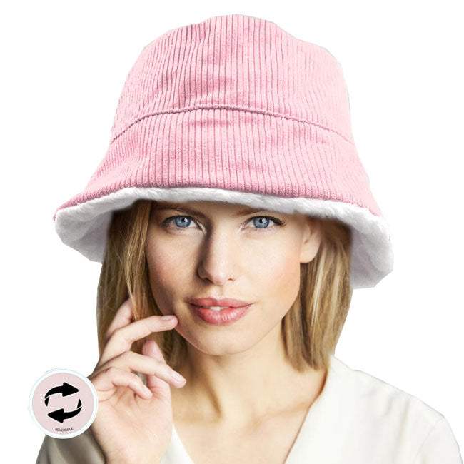 Reversible Corduroy Soft Faux Fur Bucket Hat - Madeline Love - Flyclothing LLC