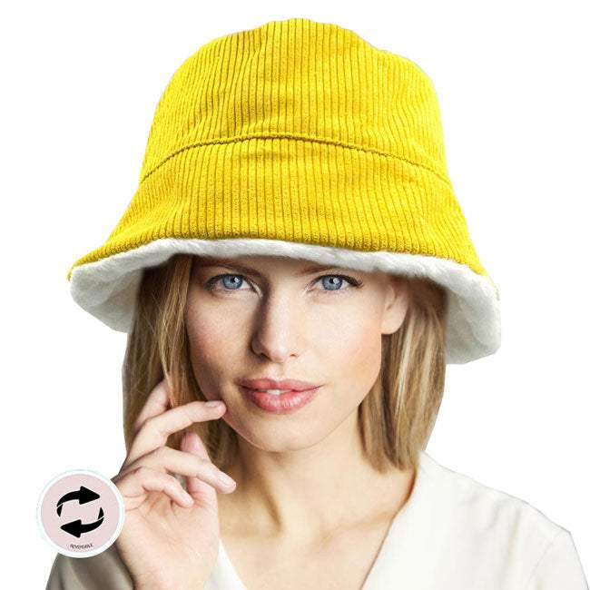 Reversible Corduroy Soft Faux Fur Bucket Hat - Madeline Love - Flyclothing LLC
