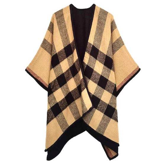 Reversible Plaid Check Pattern Buffalo Check Poncho Ruana - Madeline Love - Flyclothing LLC