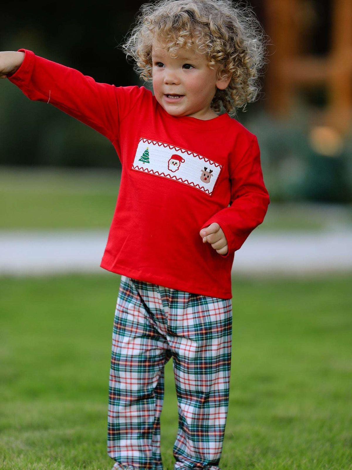 Christmas Plaid Smocking Embroidered Boys Set