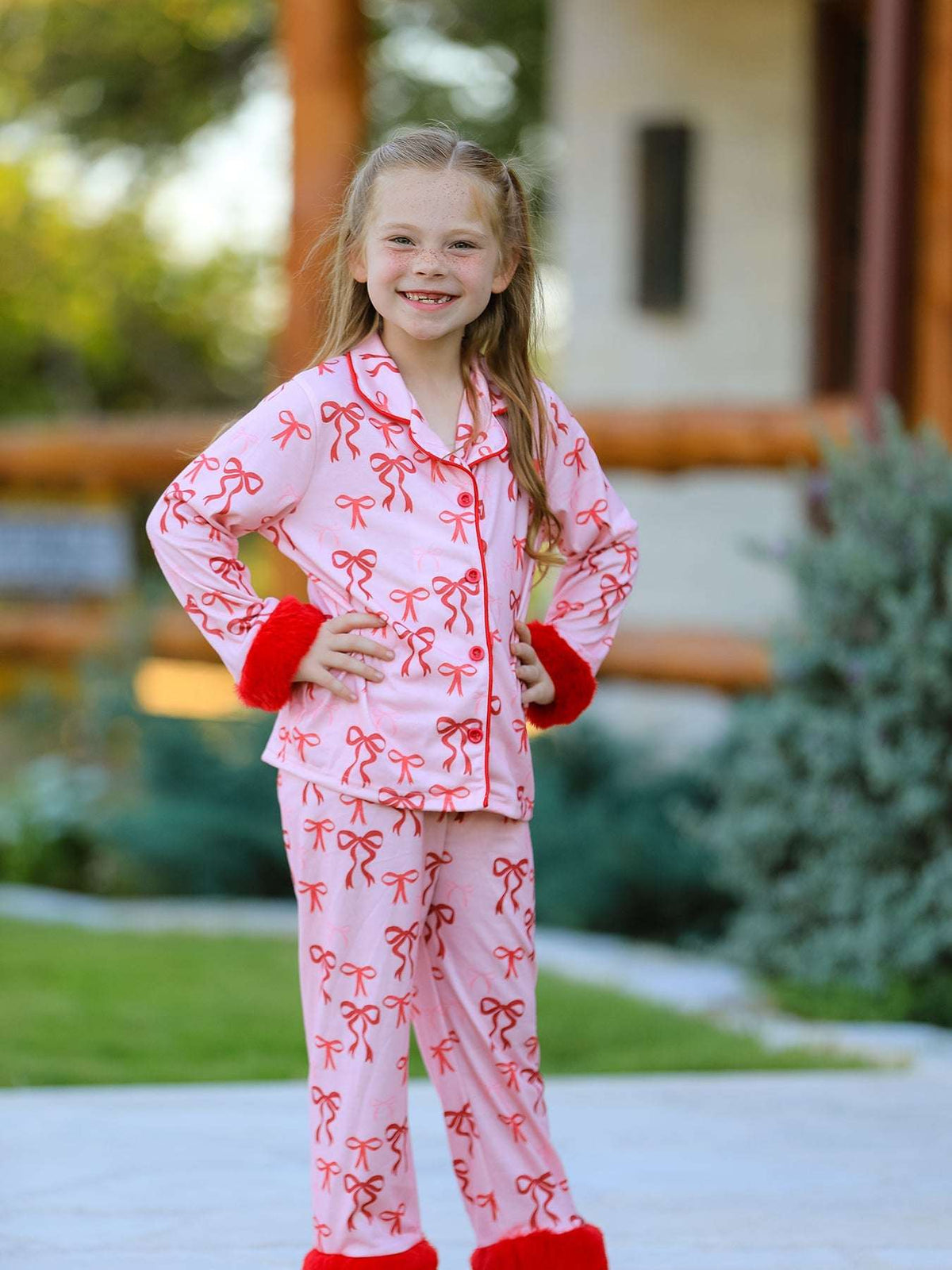 Bow Girls Pajama Set with Furry Trim - Rylee Faith Designs - Flyclothing LLC