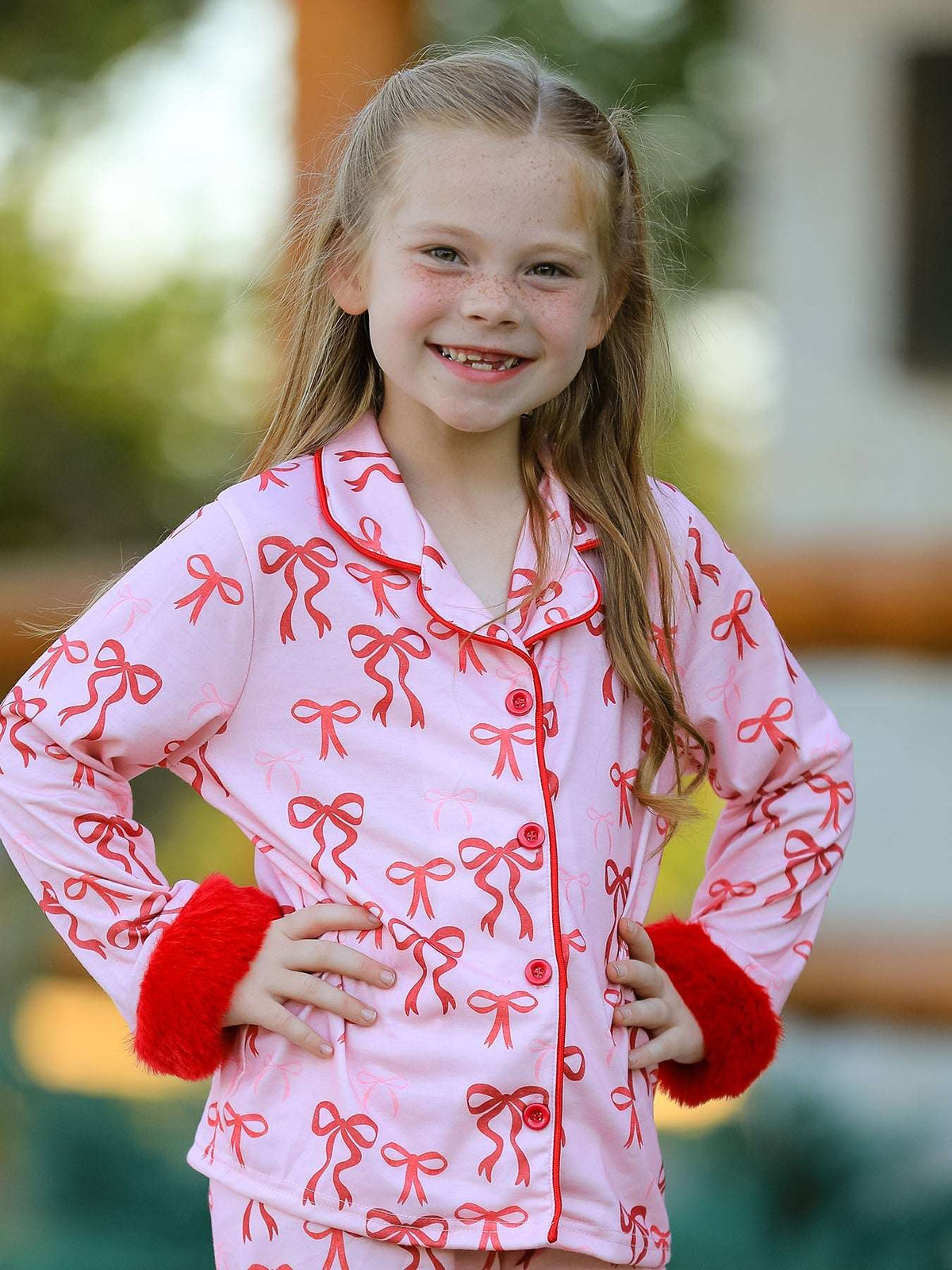 Bow Girls Pajama Set with Furry Trim - Rylee Faith Designs - Flyclothing LLC