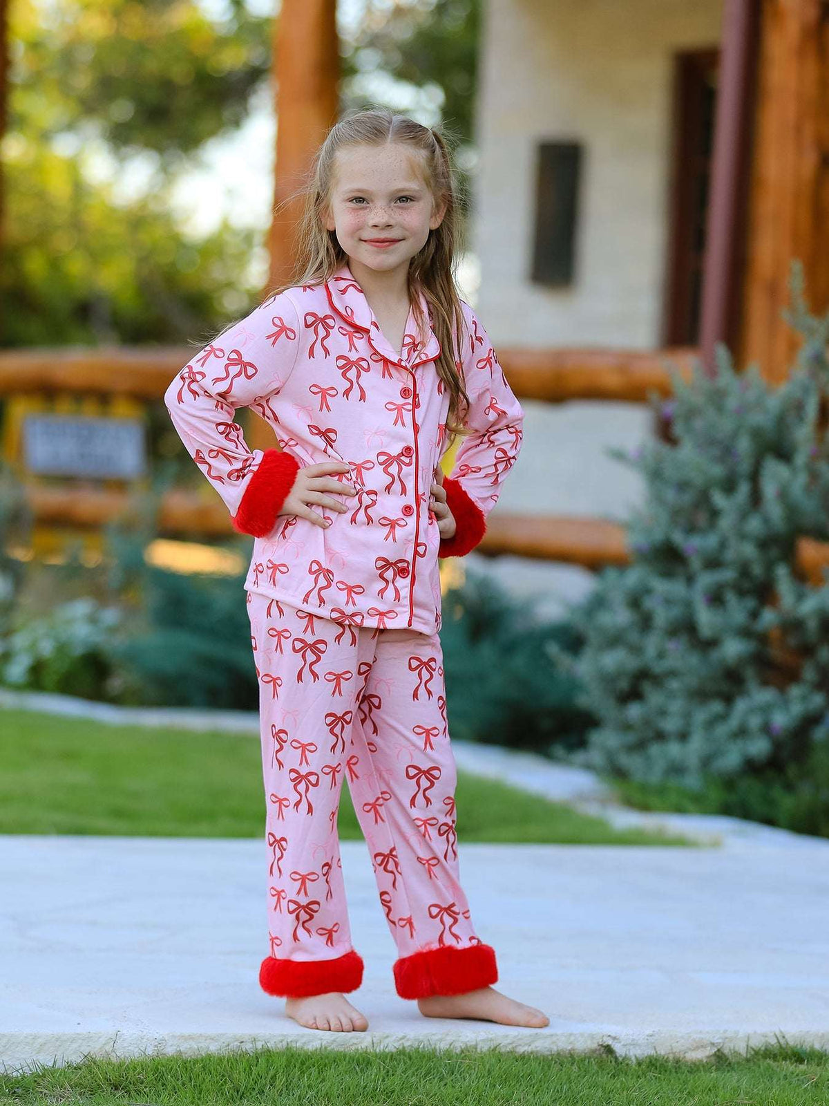 Bow Girls Pajama Set with Furry Trim - Rylee Faith Designs - Flyclothing LLC