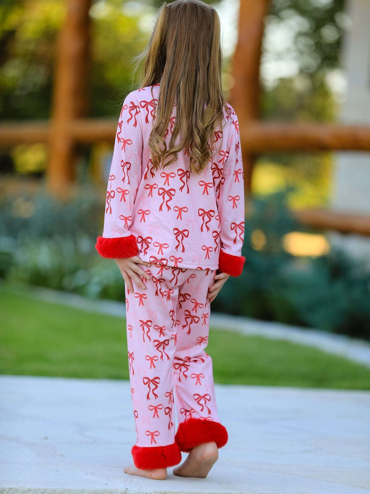 Bow Girls Pajama Set with Furry Trim - Rylee Faith Designs - Flyclothing LLC