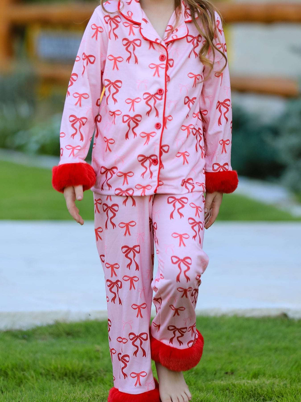Bow Girls Pajama Set with Furry Trim - Rylee Faith Designs - Flyclothing LLC