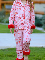 Bow Girls Pajama Set with Furry Trim - Rylee Faith Designs - Flyclothing LLC