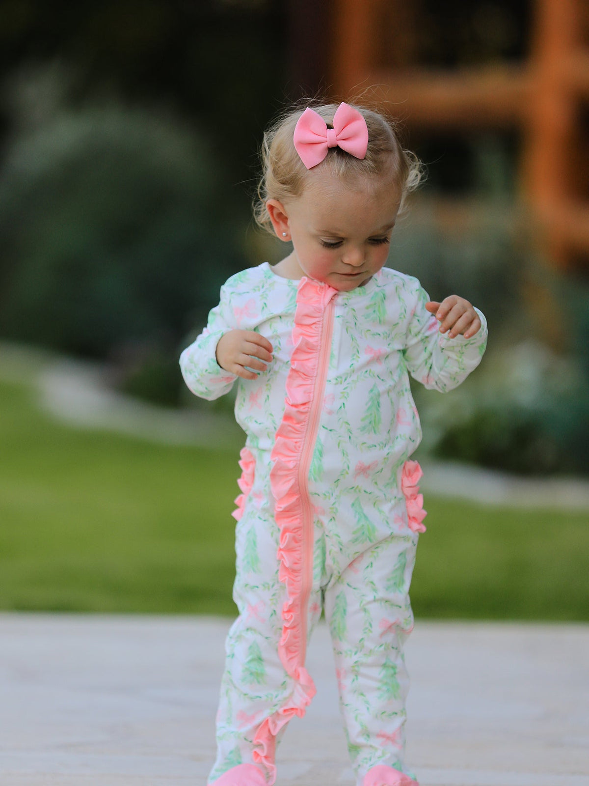 Christmas Tree Wreath Print Long Sleeve Zip Baby Girls Romper - Rylee Faith Designs - Flyclothing LLC