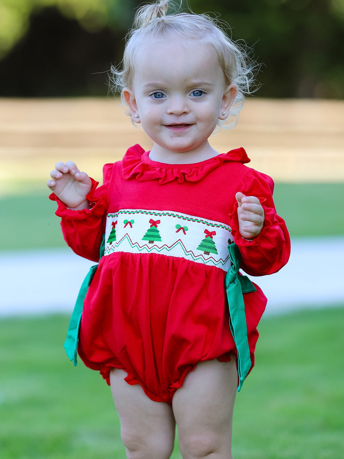 Christmas Smocked Girls Romper with Green Bow and Tree Embroidery - Rylee Faith Designs - Flyclothing LLC