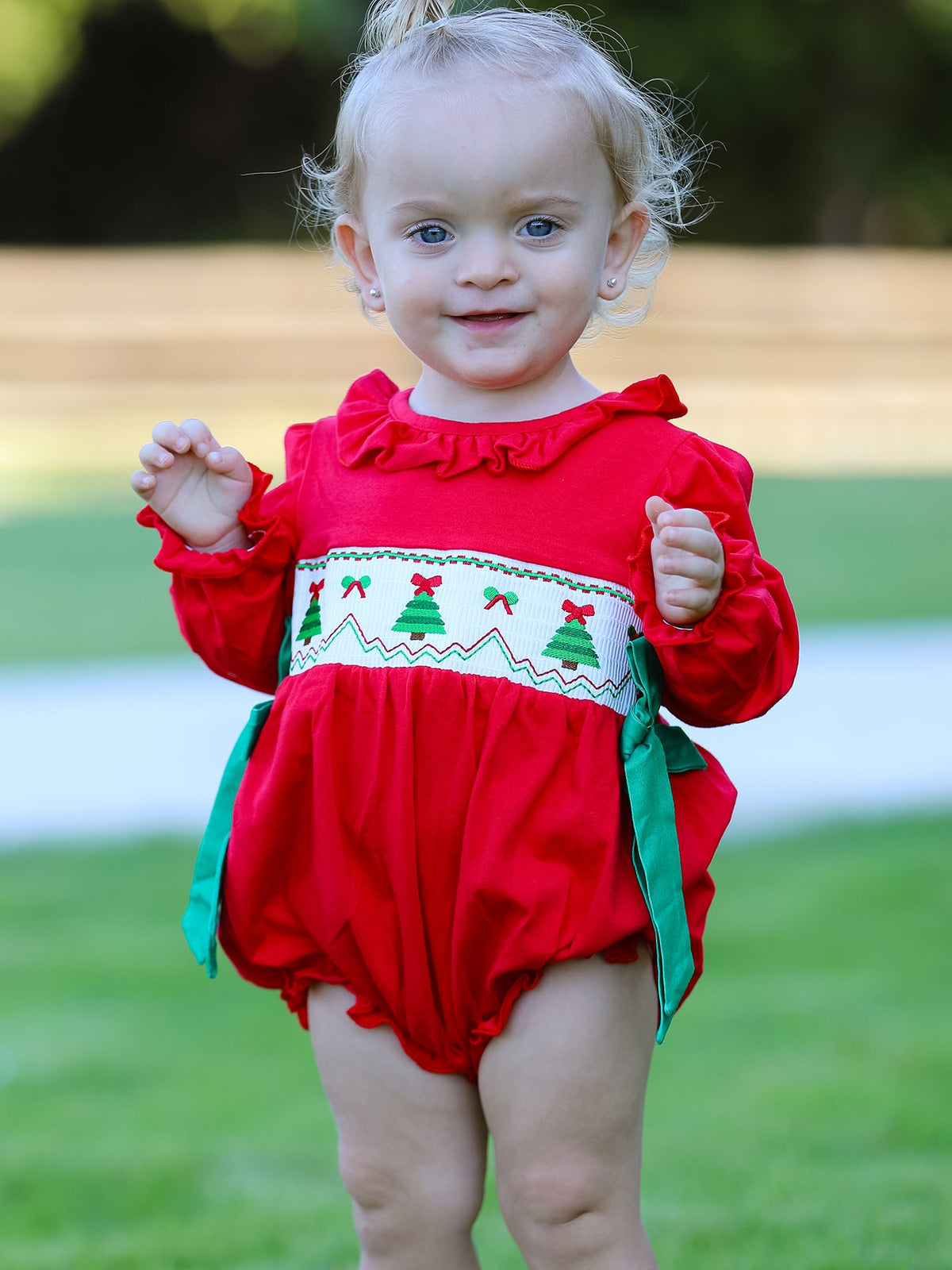 Christmas Smocked Girls Romper with Green Bow and Tree Embroidery - Rylee Faith Designs - Flyclothing LLC