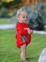 Christmas Smocked Girls Romper with Green Bow and Tree Embroidery - Rylee Faith Designs - Flyclothing LLC