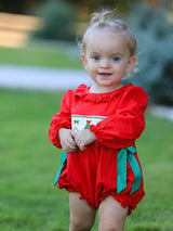 Christmas Smocked Girls Romper with Green Bow and Tree Embroidery - Rylee Faith Designs - Flyclothing LLC